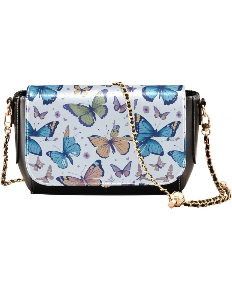 Blue Brown Blue Butterfly Stylish Leather Clamshell Crossbody Handbag with Detachable Adjustable Shoulder Strap $16.80 Crossb...