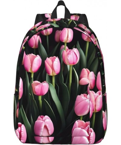 Pink And Tulips Print Lightweight Travel Canvas Backpack Casual Daypack For Men Women Work, Sports, Beach Black Medium $23.72...