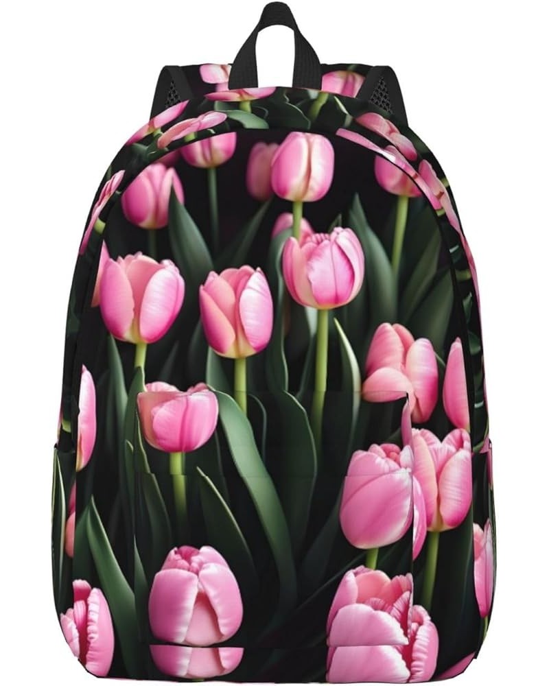 Pink And Tulips Print Lightweight Travel Canvas Backpack Casual Daypack For Men Women Work, Sports, Beach Black Medium $23.72...