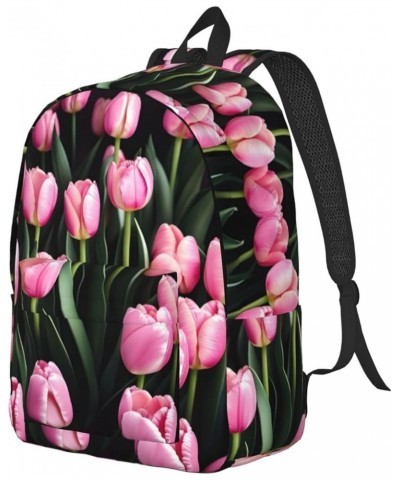 Pink And Tulips Print Lightweight Travel Canvas Backpack Casual Daypack For Men Women Work, Sports, Beach Black Medium $23.72...