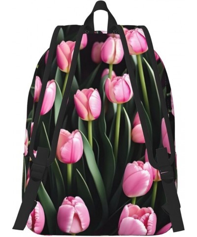 Pink And Tulips Print Lightweight Travel Canvas Backpack Casual Daypack For Men Women Work, Sports, Beach Black Medium $23.72...