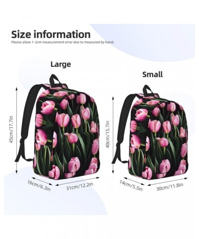 Pink And Tulips Print Lightweight Travel Canvas Backpack Casual Daypack For Men Women Work, Sports, Beach Black Medium $23.72...