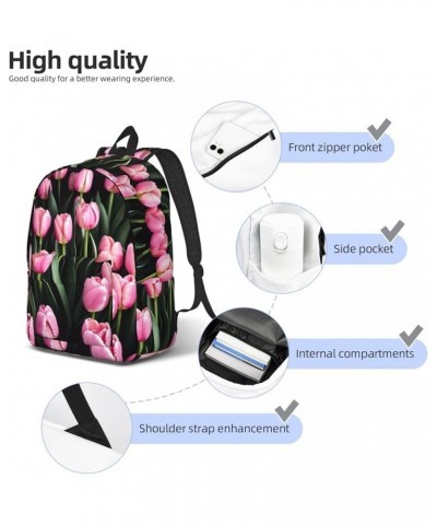 Pink And Tulips Print Lightweight Travel Canvas Backpack Casual Daypack For Men Women Work, Sports, Beach Black Medium $23.72...