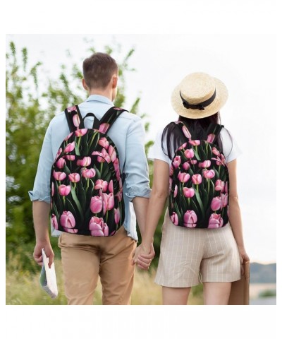 Pink And Tulips Print Lightweight Travel Canvas Backpack Casual Daypack For Men Women Work, Sports, Beach Black Medium $23.72...