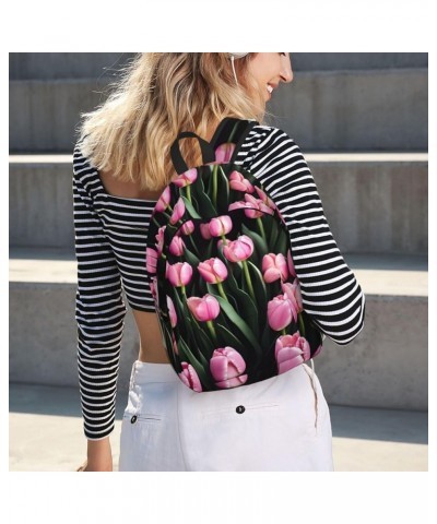 Pink And Tulips Print Lightweight Travel Canvas Backpack Casual Daypack For Men Women Work, Sports, Beach Black Medium $23.72...