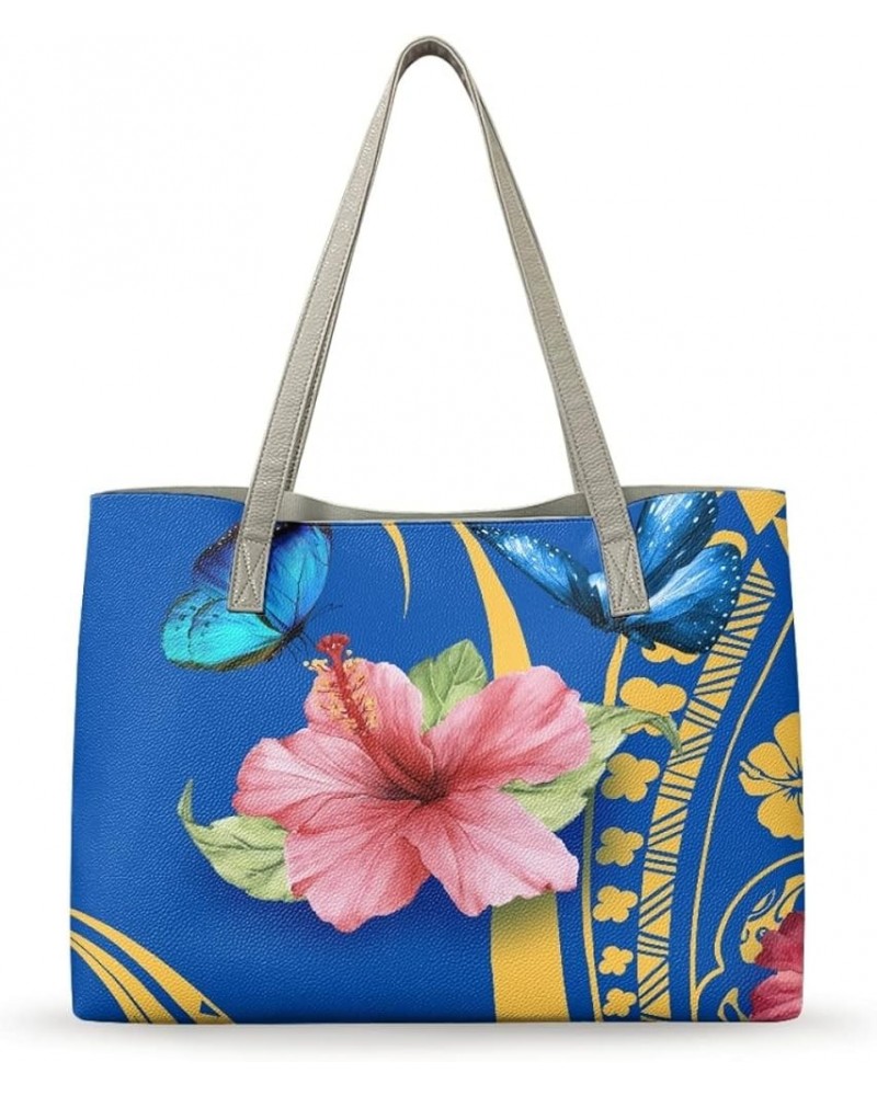 JooMeryer Polynesian Tote Handbags for Womens American Samoa Large Capacity Tote Purse Shoulder Bag Blue Butterfly Plumeria $...