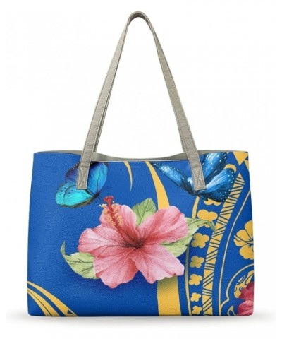 JooMeryer Polynesian Tote Handbags for Womens American Samoa Large Capacity Tote Purse Shoulder Bag Blue Butterfly Plumeria $...