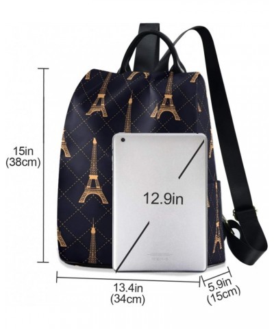 Eiffel Tower Gold Color Lattice Geometric Backpack Purse for Women Anti Theft Fashion Back Pack Shoulder Bag $18.80 Backpacks