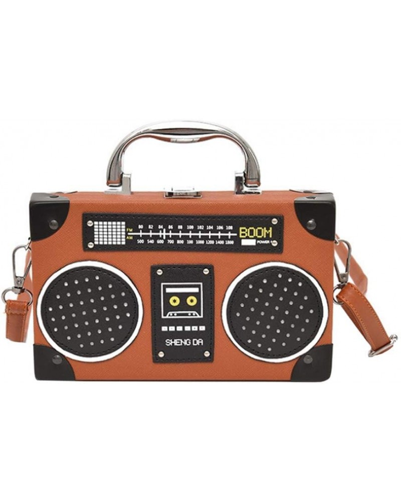 Vintage Radio Recorder Clutch Handbag Leather Top Metal Handle Crossbody Small Box Bag Shoulder Bag A-brown $15.33 Clutches