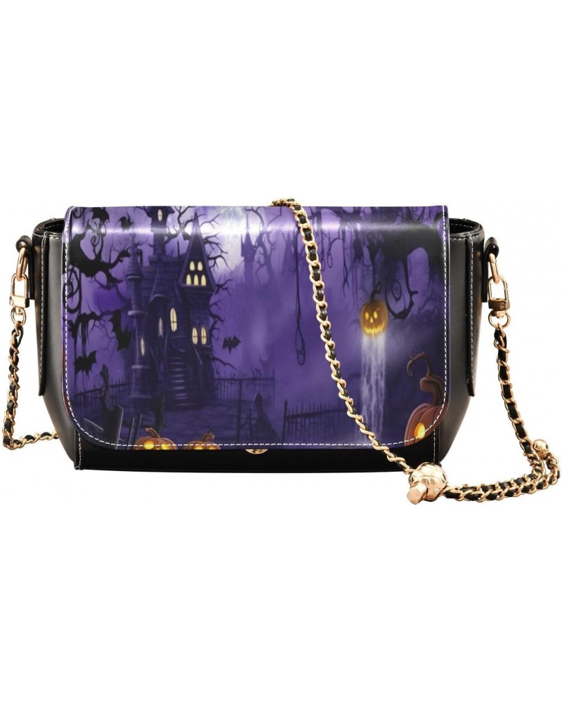 Halloween Castle Pumpkins Crossbody Bags for Women Retro Cross Body Purse Small PU Leather Shoulder Handbags with Chain Strap...