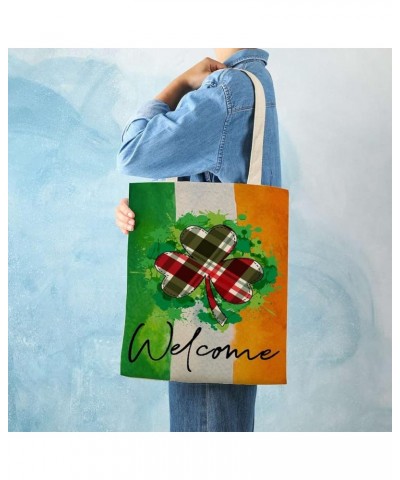 Welcome St. Patrick's Day Ireland Flag Shamrock Clovers Canvas Tote Bag For Woman Shopping Book Bag Reusable Grocery Bags Sty...