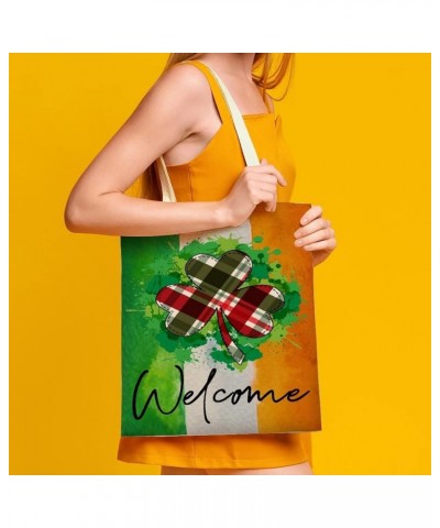 Welcome St. Patrick's Day Ireland Flag Shamrock Clovers Canvas Tote Bag For Woman Shopping Book Bag Reusable Grocery Bags Sty...