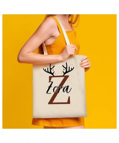 Antlers Personalized Name Custom Initial Letter Canvas Tote Bag with Handle Cute Book Bag Shopping Shoulder Bag for Women Gir...