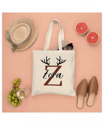 Antlers Personalized Name Custom Initial Letter Canvas Tote Bag with Handle Cute Book Bag Shopping Shoulder Bag for Women Gir...