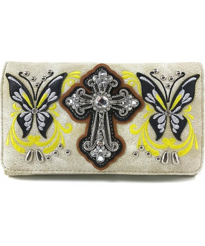 Floral Embroidery Butterfly Rhinestone Cross Stud Conceal Carry Handbag Purse Beige Wallet Only $15.57 Shoulder Bags