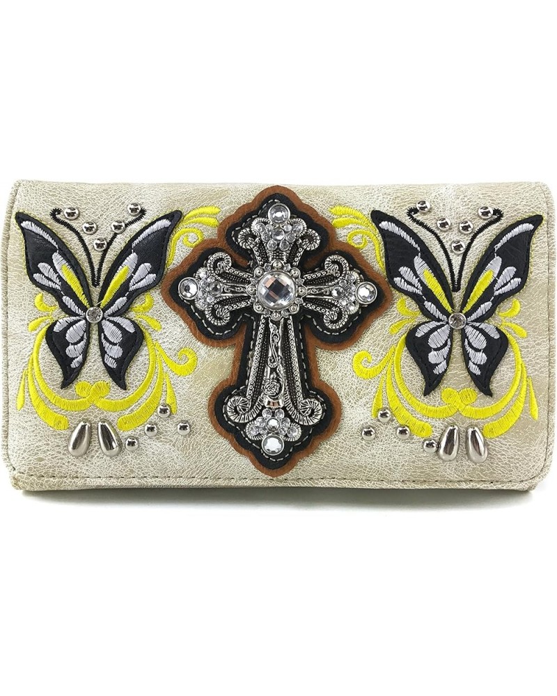 Floral Embroidery Butterfly Rhinestone Cross Stud Conceal Carry Handbag Purse Beige Wallet Only $15.57 Shoulder Bags