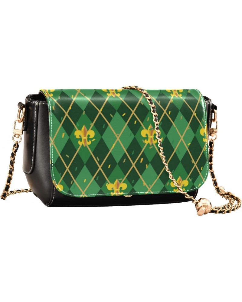 Mardi Gras Crossbody Handbag Green Zigzag Golden Fleur De Lis PU Leather Shoulder Bag Sturdy Travel Pouch Compact Chic Bag fo...