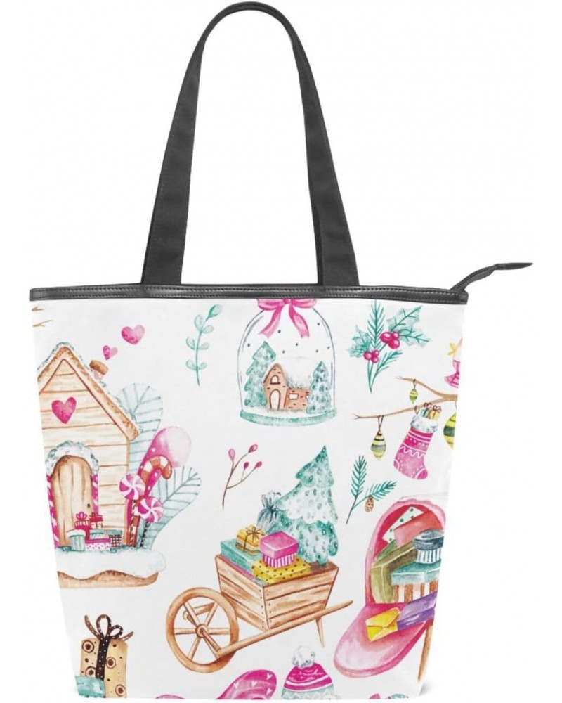 Tote Bag Winter Christmas Doodle Canvas Zippered Tote Handbag for Women with 2 Interior Pockets $9.20 Totes