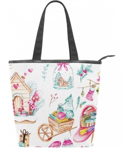 Tote Bag Winter Christmas Doodle Canvas Zippered Tote Handbag for Women with 2 Interior Pockets $9.20 Totes