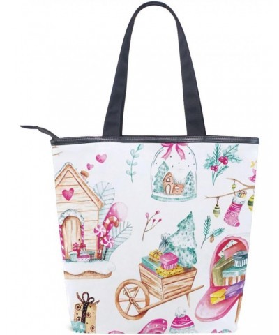 Tote Bag Winter Christmas Doodle Canvas Zippered Tote Handbag for Women with 2 Interior Pockets $9.20 Totes