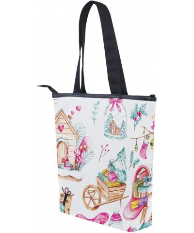 Tote Bag Winter Christmas Doodle Canvas Zippered Tote Handbag for Women with 2 Interior Pockets $9.20 Totes