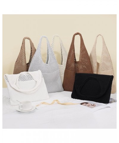 Crochet Mesh Beach Tote Bag Retro Hobo Knitted Bag Woven Tote Summer Shoulder Bag for Women C-beige $10.02 Totes