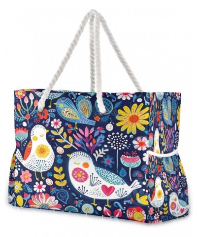 Doodle Bird and Flower Pattern Beach Bag, Large Beach Bag with Zipper and Wet Pocket, Lightweight and Waterproof for Pool, Be...