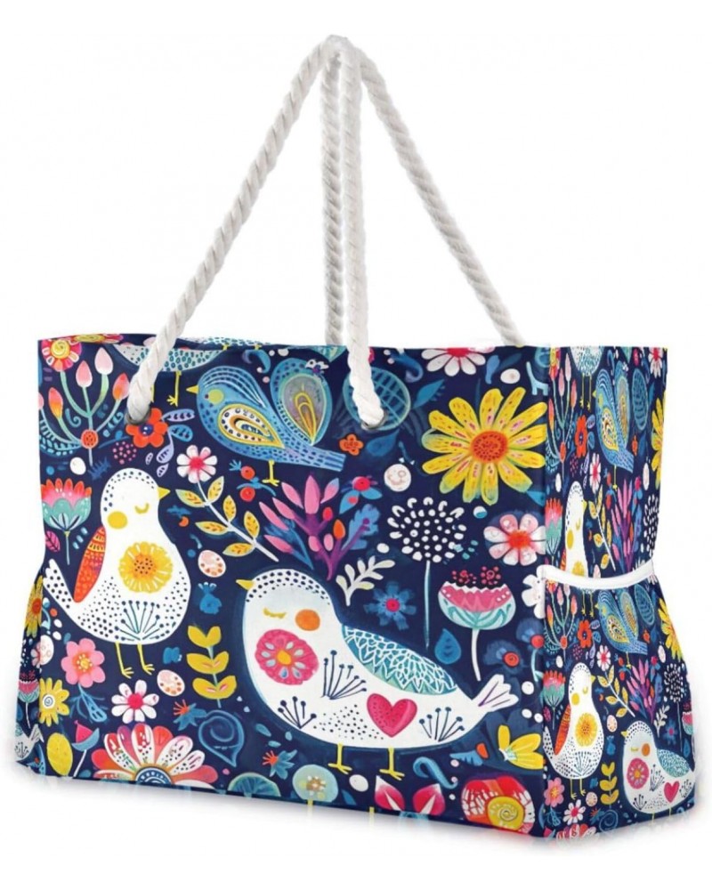 Doodle Bird and Flower Pattern Beach Bag, Large Beach Bag with Zipper and Wet Pocket, Lightweight and Waterproof for Pool, Be...