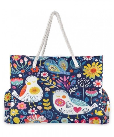 Doodle Bird and Flower Pattern Beach Bag, Large Beach Bag with Zipper and Wet Pocket, Lightweight and Waterproof for Pool, Be...