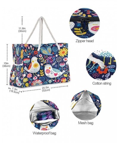 Doodle Bird and Flower Pattern Beach Bag, Large Beach Bag with Zipper and Wet Pocket, Lightweight and Waterproof for Pool, Be...