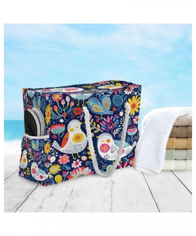 Doodle Bird and Flower Pattern Beach Bag, Large Beach Bag with Zipper and Wet Pocket, Lightweight and Waterproof for Pool, Be...