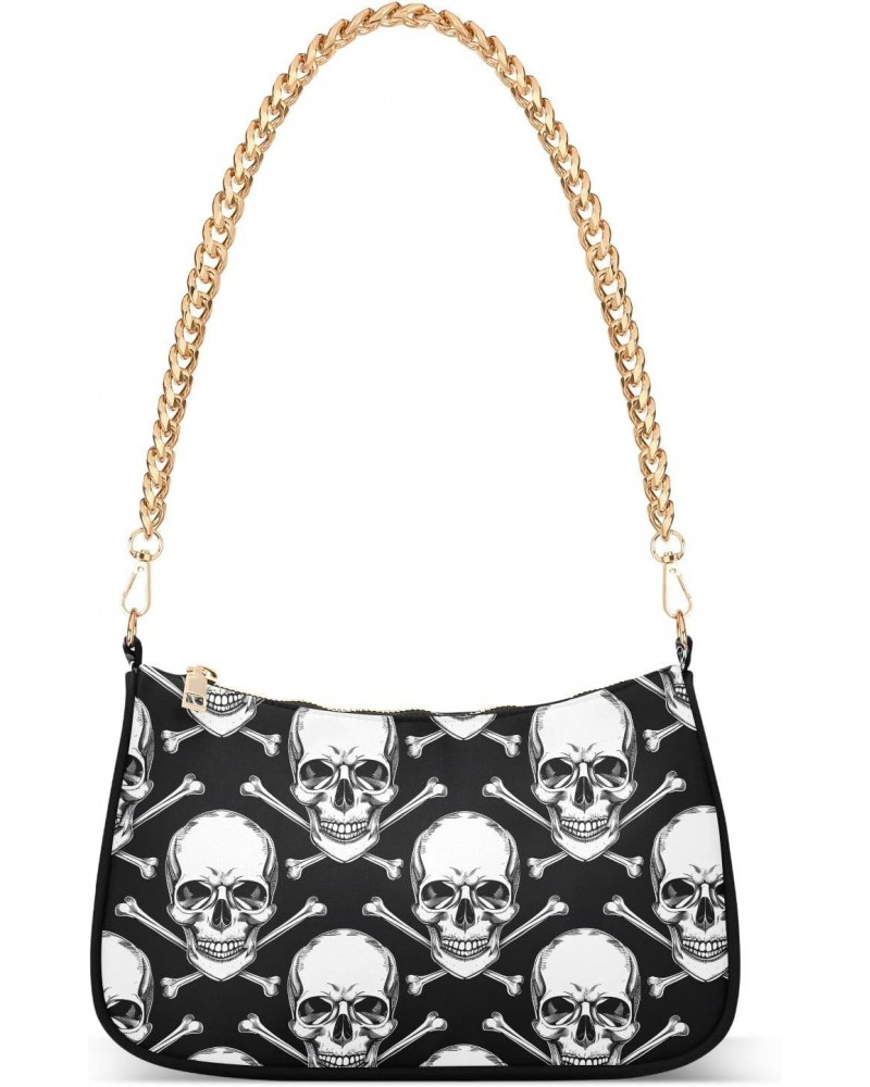 Black Skull Head Style Clutch Shoulder Bag for Women, Hobo Tote Handbag with Gold Chain, Crossbody Bag with Zipper Closure $1...