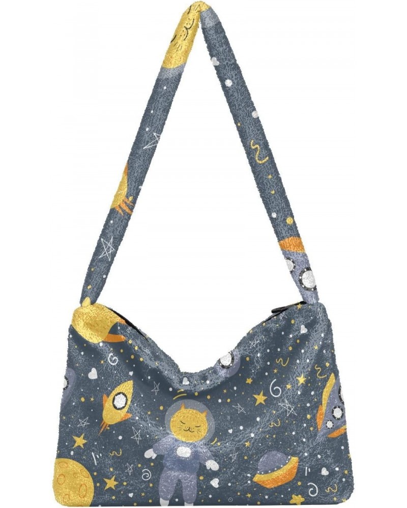 Spaceship Cats Space Furry Tote Bag for Women Crossbody Bag Shoulder Purse Handbag Puffer Tote with Zipper for Fall Winter $8...