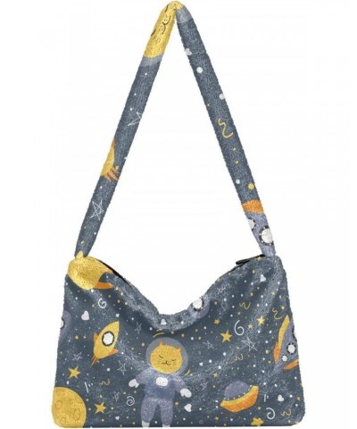 Spaceship Cats Space Furry Tote Bag for Women Crossbody Bag Shoulder Purse Handbag Puffer Tote with Zipper for Fall Winter $8...