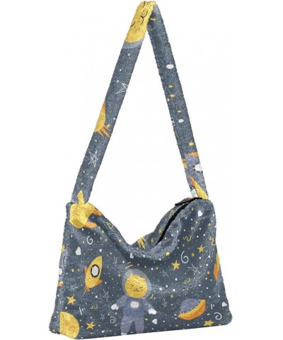 Spaceship Cats Space Furry Tote Bag for Women Crossbody Bag Shoulder Purse Handbag Puffer Tote with Zipper for Fall Winter $8...