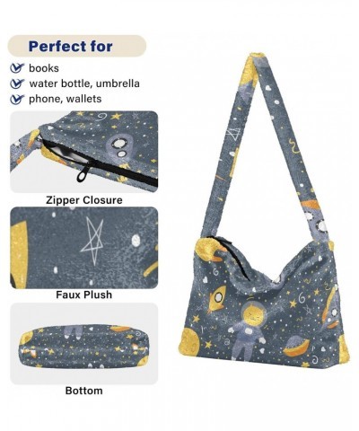 Spaceship Cats Space Furry Tote Bag for Women Crossbody Bag Shoulder Purse Handbag Puffer Tote with Zipper for Fall Winter $8...