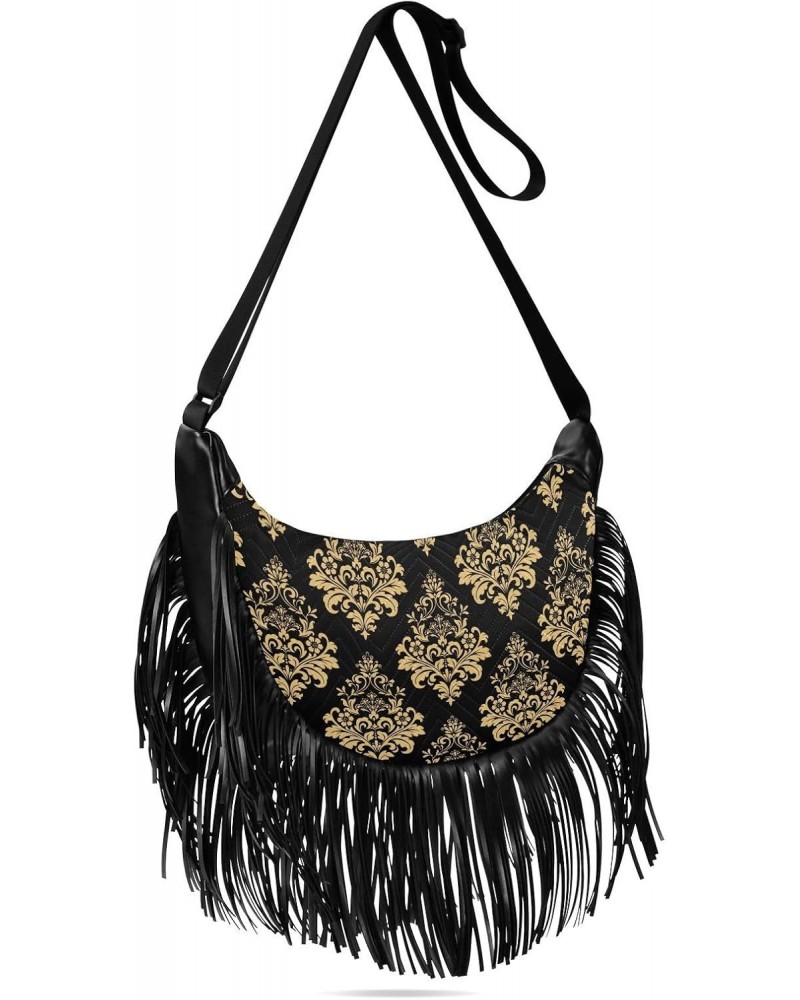 Vintage Gold Black Floral Fringe Bag for Women Cross Body Bag Tassel Shoulder Bag Satchel $14.84 Crossbody Bags