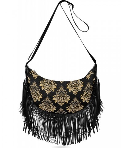 Vintage Gold Black Floral Fringe Bag for Women Cross Body Bag Tassel Shoulder Bag Satchel $14.84 Crossbody Bags