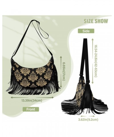 Vintage Gold Black Floral Fringe Bag for Women Cross Body Bag Tassel Shoulder Bag Satchel $14.84 Crossbody Bags