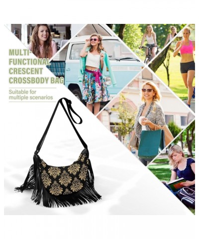 Vintage Gold Black Floral Fringe Bag for Women Cross Body Bag Tassel Shoulder Bag Satchel $14.84 Crossbody Bags