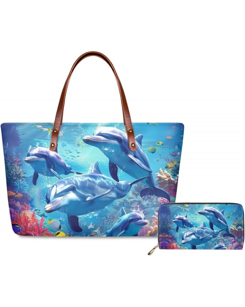 Tote Purse and Wallet Set,Large Handbags Storage Top Handle Shoulder Bag and Long Leather Wallet Dolphin $24.50 Satchels