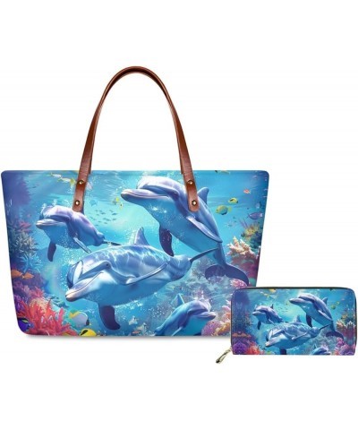 Tote Purse and Wallet Set,Large Handbags Storage Top Handle Shoulder Bag and Long Leather Wallet Dolphin $24.50 Satchels