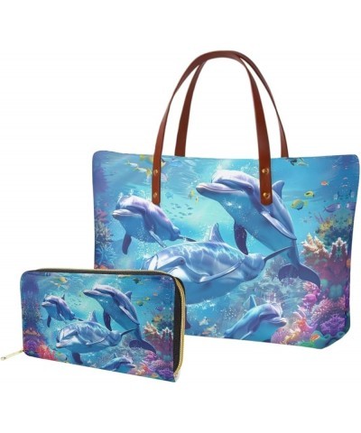 Tote Purse and Wallet Set,Large Handbags Storage Top Handle Shoulder Bag and Long Leather Wallet Dolphin $24.50 Satchels