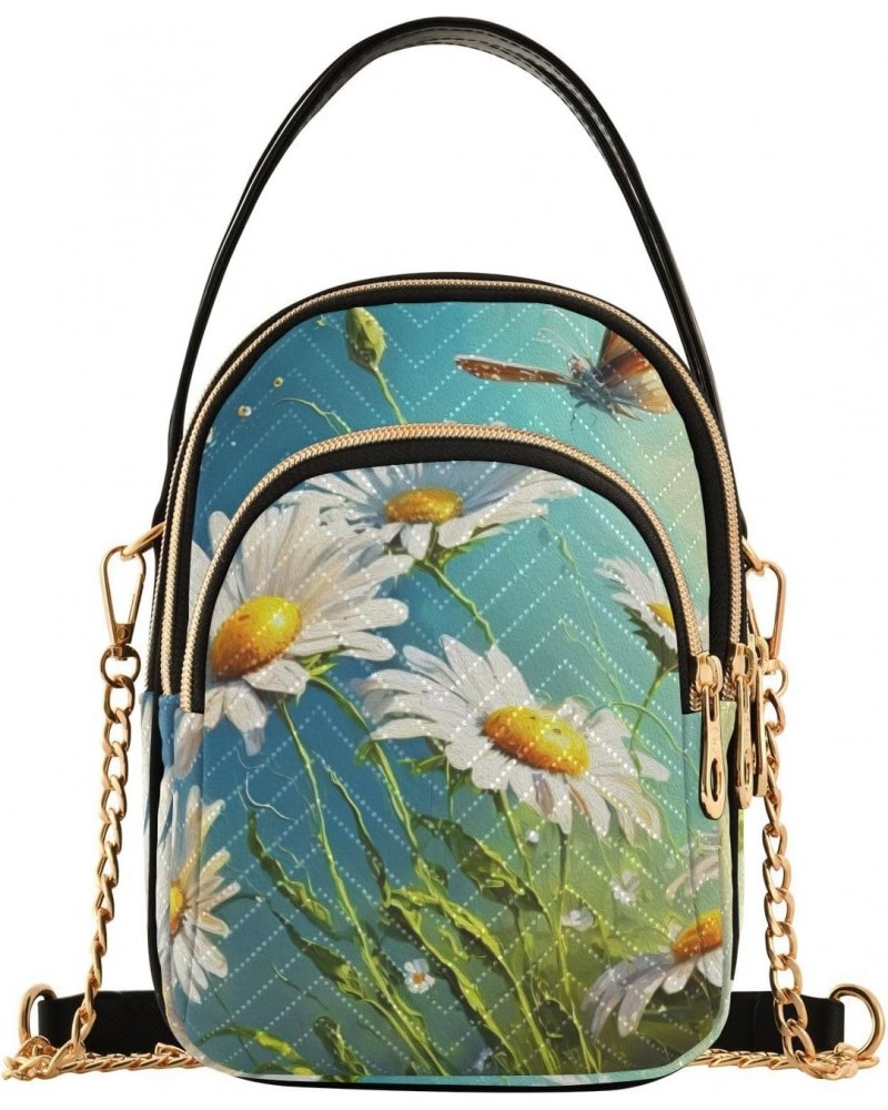 Summer Daisy Butterfly Painting Quilted Crossbody Bag for Women, Small Cell Phone Bag Shoulder Handbags Purse with Leather St...