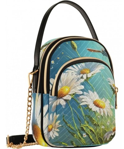 Summer Daisy Butterfly Painting Quilted Crossbody Bag for Women, Small Cell Phone Bag Shoulder Handbags Purse with Leather St...