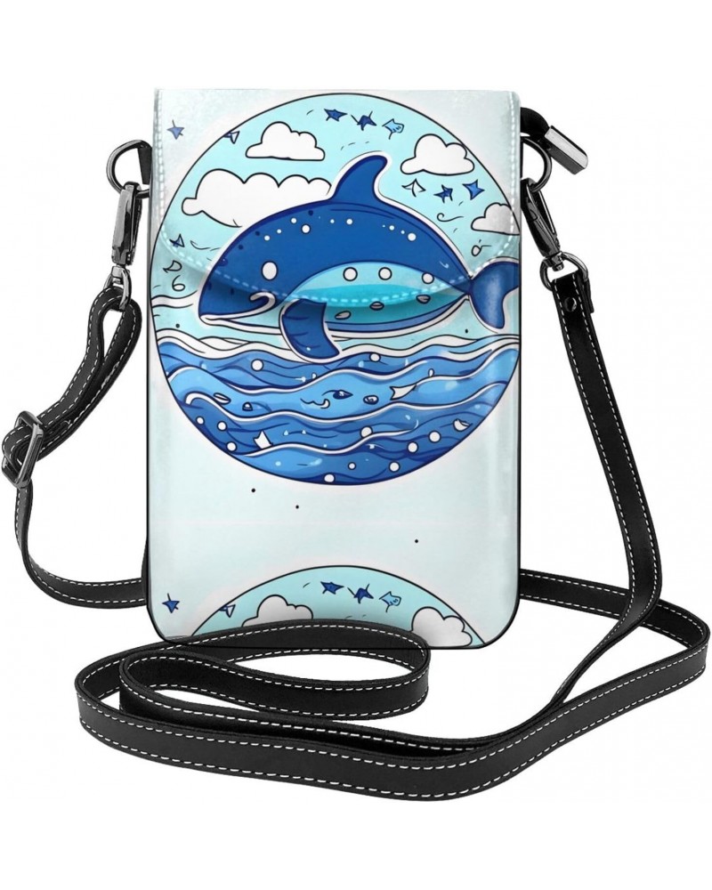 Small Whale Swimming Leather Cross Body Flip Phone Bag With Detachable Shoulder Straps, Used For Travel, Dating, Holiday Gift...