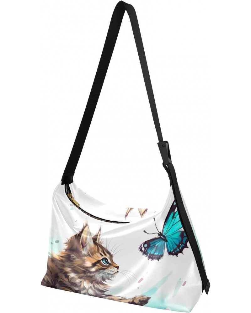 Kitten Blue Butterfly Hobo Shoulder Bag for Women Men PU Leather Crossbody Bag Slouchy Tote Handbags for Shopping Traveling W...