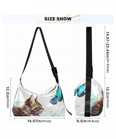 Kitten Blue Butterfly Hobo Shoulder Bag for Women Men PU Leather Crossbody Bag Slouchy Tote Handbags for Shopping Traveling W...