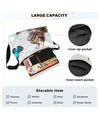 Kitten Blue Butterfly Hobo Shoulder Bag for Women Men PU Leather Crossbody Bag Slouchy Tote Handbags for Shopping Traveling W...