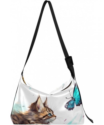 Kitten Blue Butterfly Hobo Shoulder Bag for Women Men PU Leather Crossbody Bag Slouchy Tote Handbags for Shopping Traveling W...